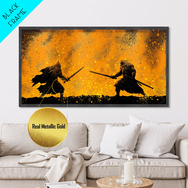 Fiery Duel Metallic Gold Art Metal Art Norse Viking Mythology Warrior Wall Decor Dad Gift Office Art framed in solid wood
