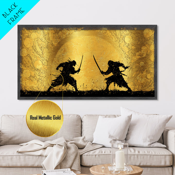 Samurai Duel Metallic Gold Art Metal Art Norse Inspired Epic Warrior Wall Art Man Cave Decor Office Gift framed in real wood