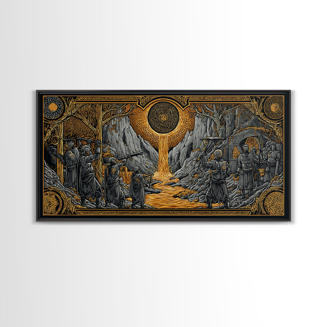 Dwarves Forging Canvas Gold Art Canvas Art Norse Mythology Viking Blacksmiths Wall Decor Office or Man Cave framed in wood