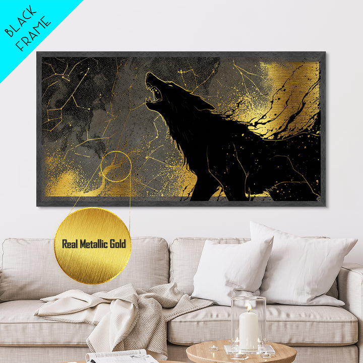 Fenrir Wolf Metallic Gold Art Metal Art Norse Mythology Beast Viking Wall Decor Dad Gift Office Art framed in real wood frame