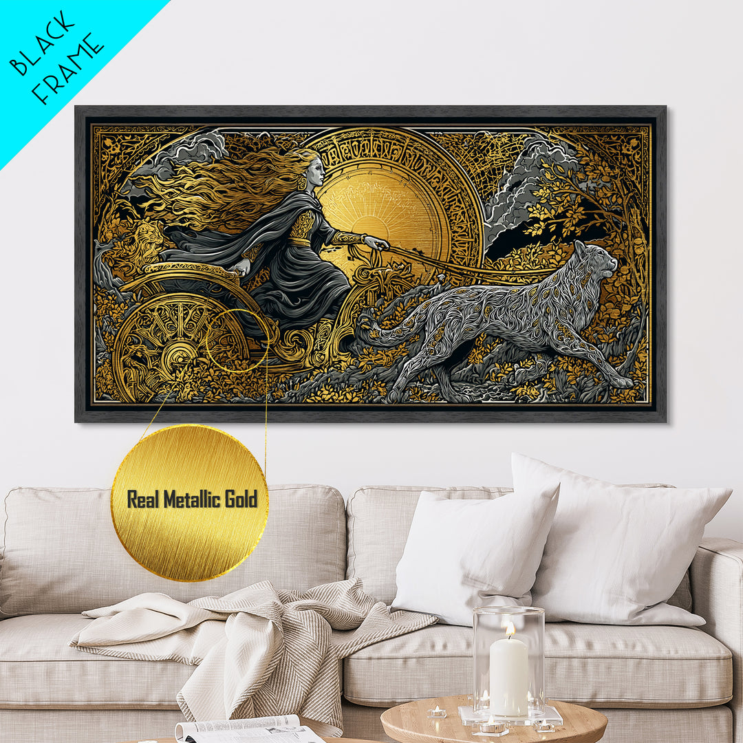 Freyja Metallic Gold Art Metal Art Norse Goddess Viking Mythology Wall Decor Man Cave or Office Art framed in natural wood