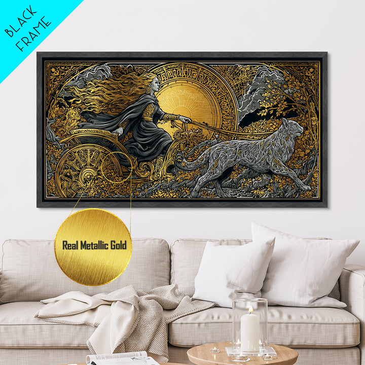 Freyja Metallic Gold Art Metal Art Norse Goddess Viking Mythology Wall Decor Man Cave or Office Art framed in natural wood