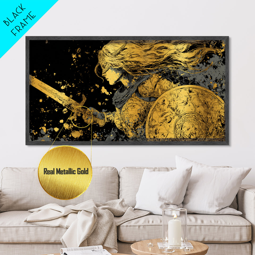 Valkyrie Warrior Metallic Gold Art Metal Art Norse Mythology Female Viking Wall Decor Office Art Man Cave Gift framed in wood