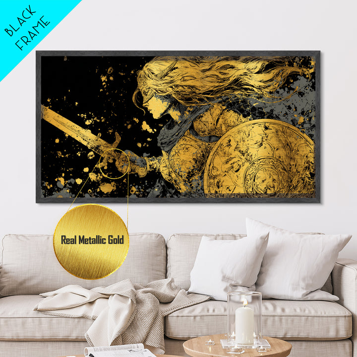 Valkyrie Warrior Metallic Gold Art Metal Art Norse Mythology Female Viking Wall Decor Office Art Man Cave Gift framed in wood