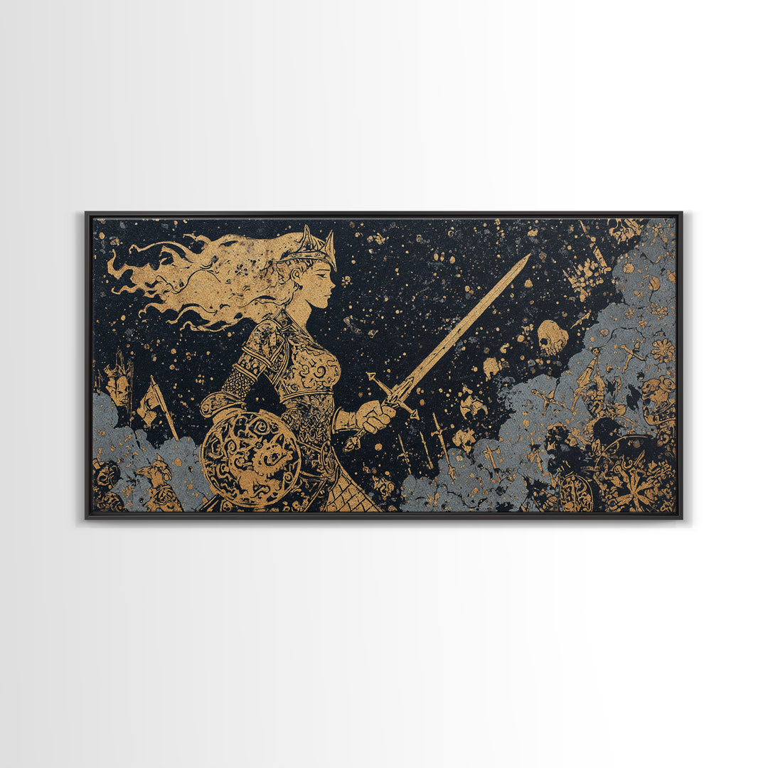 Viking Warrior Queen Hervor Canvas Gold Art Canvas Art Nordic Mythology Wall Decor for Office or Man Cave framed in real wood