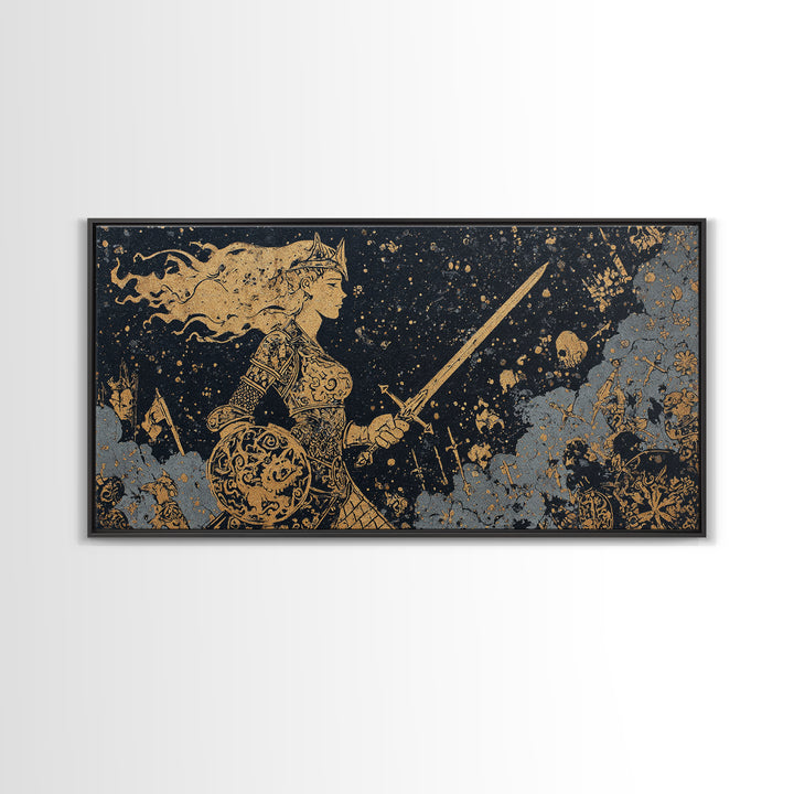 Viking Warrior Queen Hervor Canvas Gold Art Canvas Art Nordic Mythology Wall Decor for Office or Man Cave framed in real wood