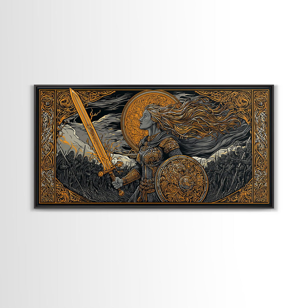 Shieldmaiden Hervor Canvas Gold Art Canvas Art Norse Warrior Goddess Viking Wall Decor Dad Gift Office framed in real wood