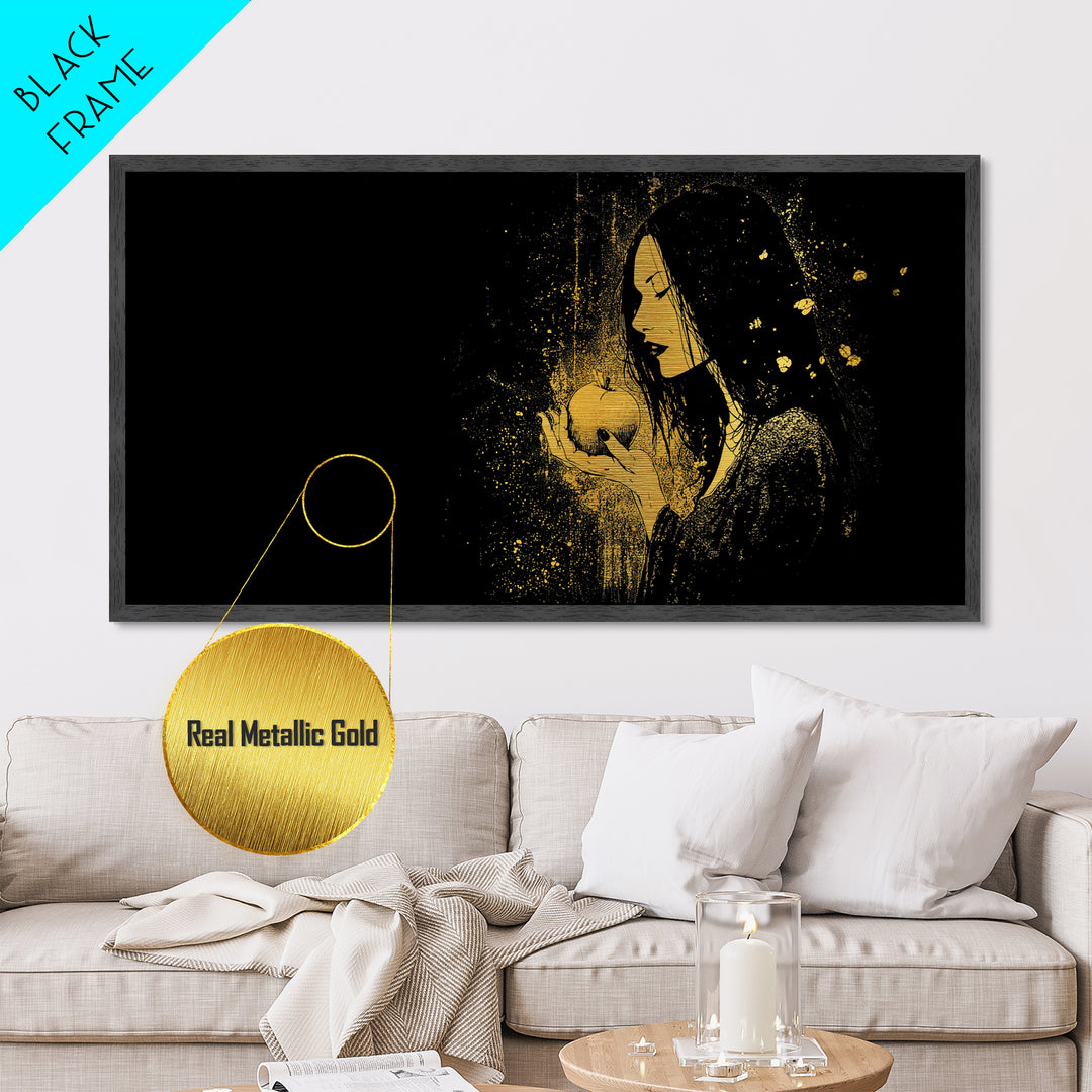 Idunn Norse Goddess with Golden Apple Metallic Gold Art Metal Art Nordic Wall Art for Dad Gift or Office Decor framed in natural wood