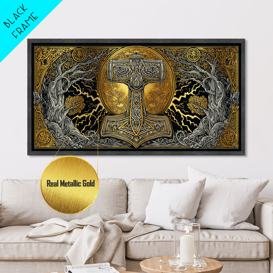 Mjolnir Norse Hammer Metallic Gold Art Metal Art Viking Symbol Wall Art for Man Cave Office or Dad Gift in handcrafted real wood frame