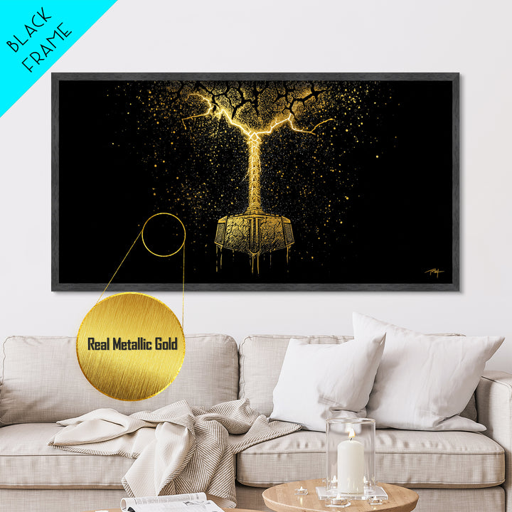 Thor’s Mjolnir Hammer Metallic Gold Art Metal Art Nordic Wall Art Viking Decor Mythology Office Piece framed in premium natural wood