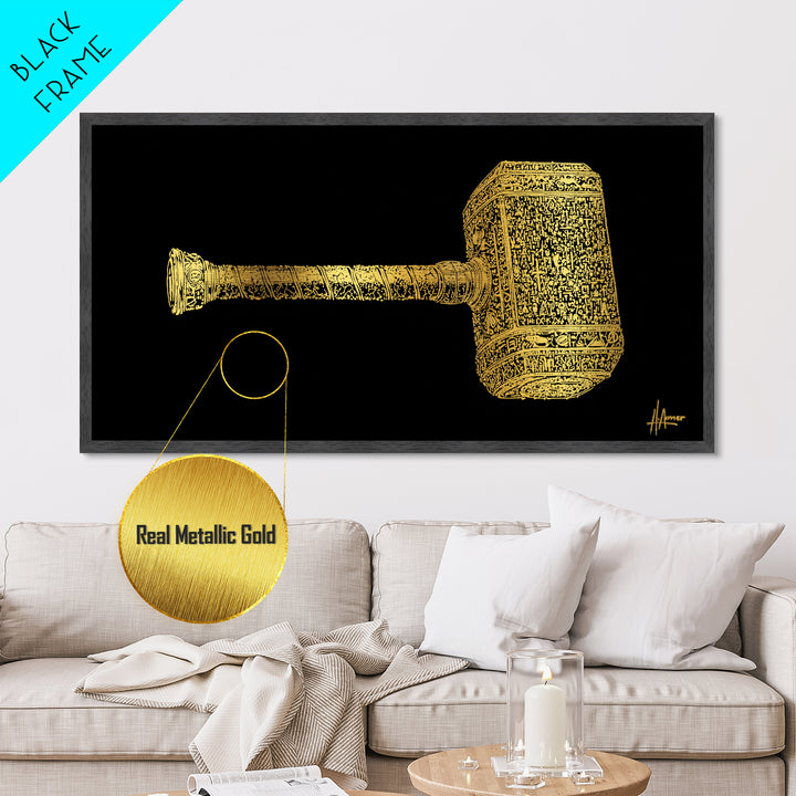 Thor’s Hammer Mjolnir Metallic Gold Art Metal Art Nordic Mythology Wall Hanging Viking Decor Office Art Gift framed in solid natural wood