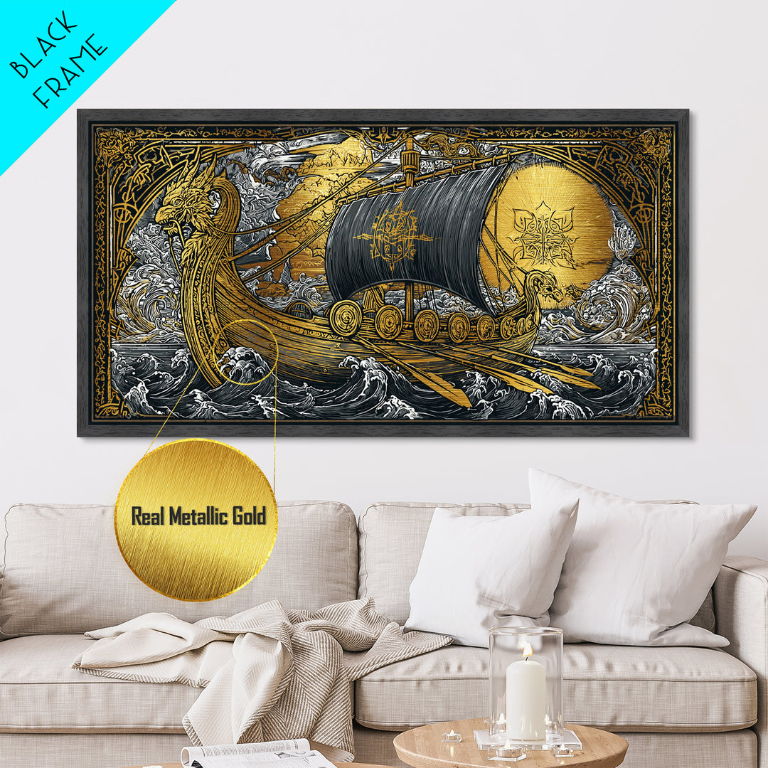 Naglfar Norse Longship Metallic Gold Art Metal Art Viking Ship Wall Decor Nordic Mythology Office or Dad Gift framed with natural wood