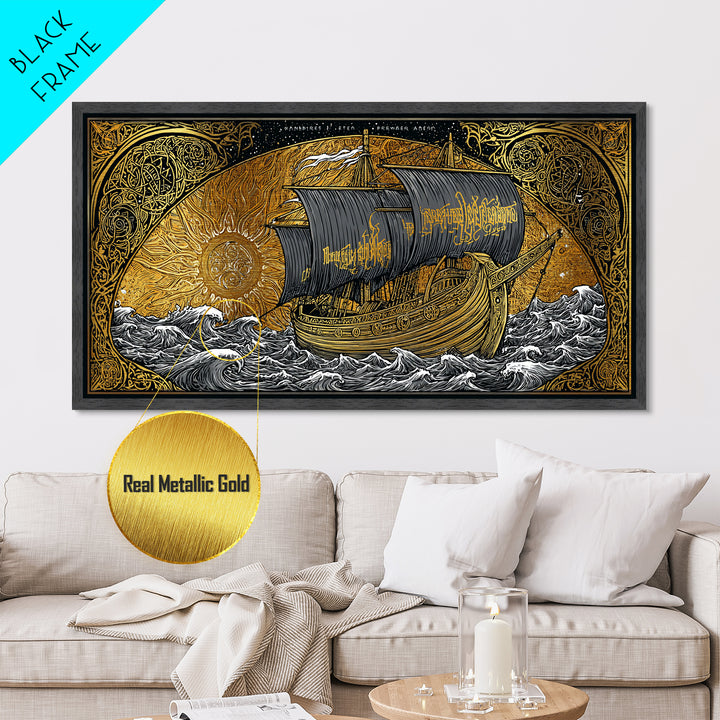 Viking Ship Naglfar Metallic Gold Art Metal Art Nordic Longship Decor Norse Mythology Office Wall Art Man Cave framed in authentic wood