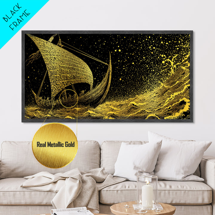 Norse Ship Naglfar Metallic Gold Art Metal Art Viking Longship Wall Hanging Decor for Dad Gift Office Art framed in handcrafted real wood