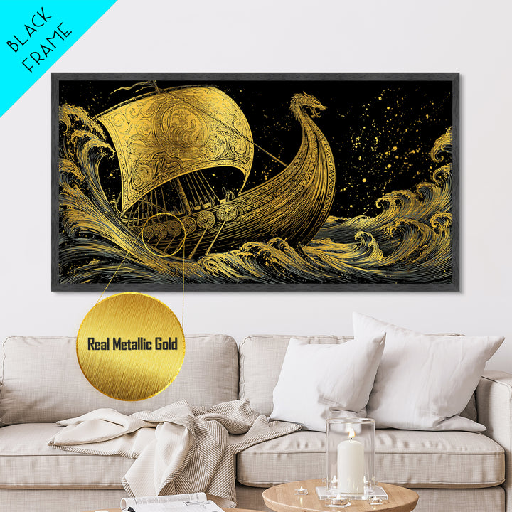 Naglfar Viking Ship Metallic Gold Art Metal Art Norse Mythology Longship Wall Hanging Decor Office Art Man Cave Gift framed in real wood