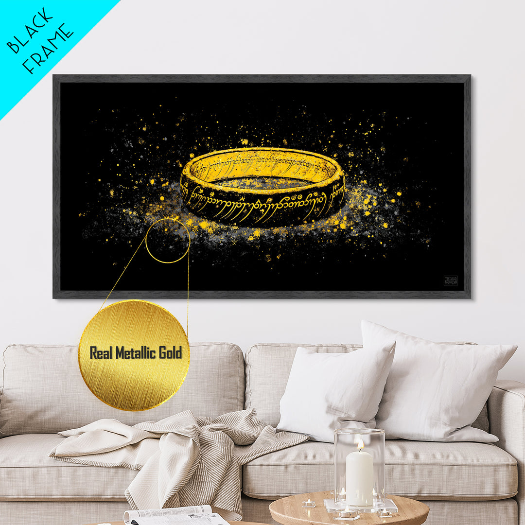 Norse Mythology Rune Ring Metallic Gold Art Viking Symbolic Metal Art, Man Cave Wall Decor framed in authentic natural wood