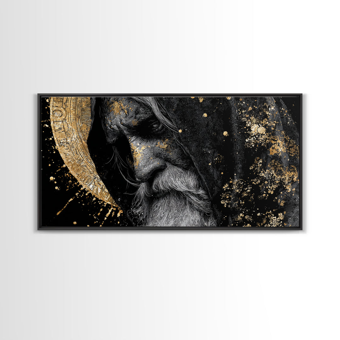 Odin Wisdom Canvas Gold Art Nordic Mythology Norse God Canvas Art, Viking Office Wall Decor for Men framed in natural wood