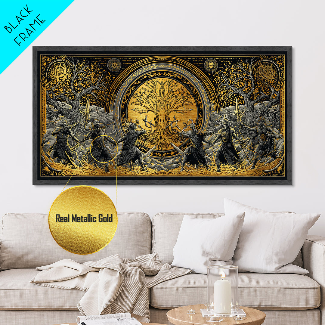 Sköll Wolf Metallic Gold Art Norse Mythology Metal Art, Viking Wolf Devours the Sun Wall Decor in real wood frame for office