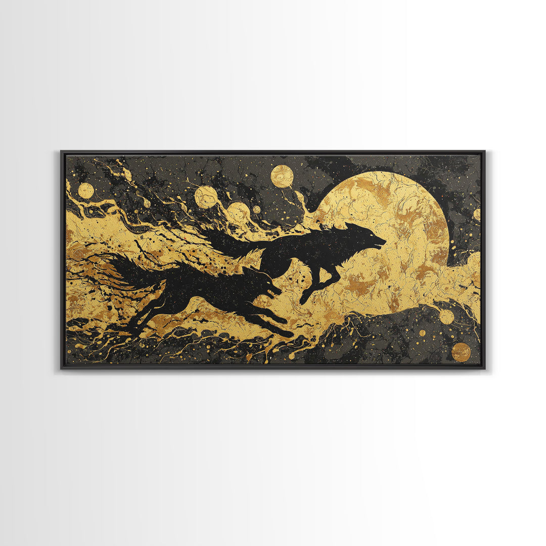 Fenrir Wolf Canvas Gold Art Norse Mythology Canvas Art, Viking Beast of Ragnarok Wall Decor for Office or Man Cave in wood frame