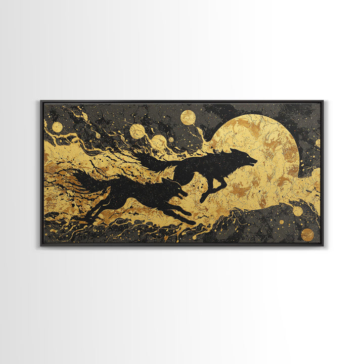 Fenrir Wolf Canvas Gold Art Norse Mythology Canvas Art, Viking Beast of Ragnarok Wall Decor for Office or Man Cave in wood frame