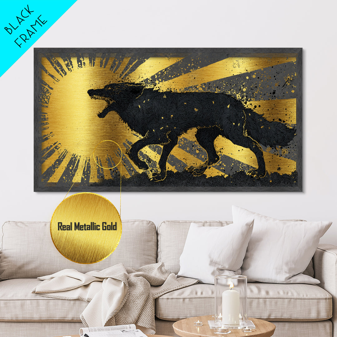 Hati and Sköll Wolves Metallic Gold Art Norse Mythology Metal Art, Viking Sun and Moon Chase Wall Decor framed in real wood
