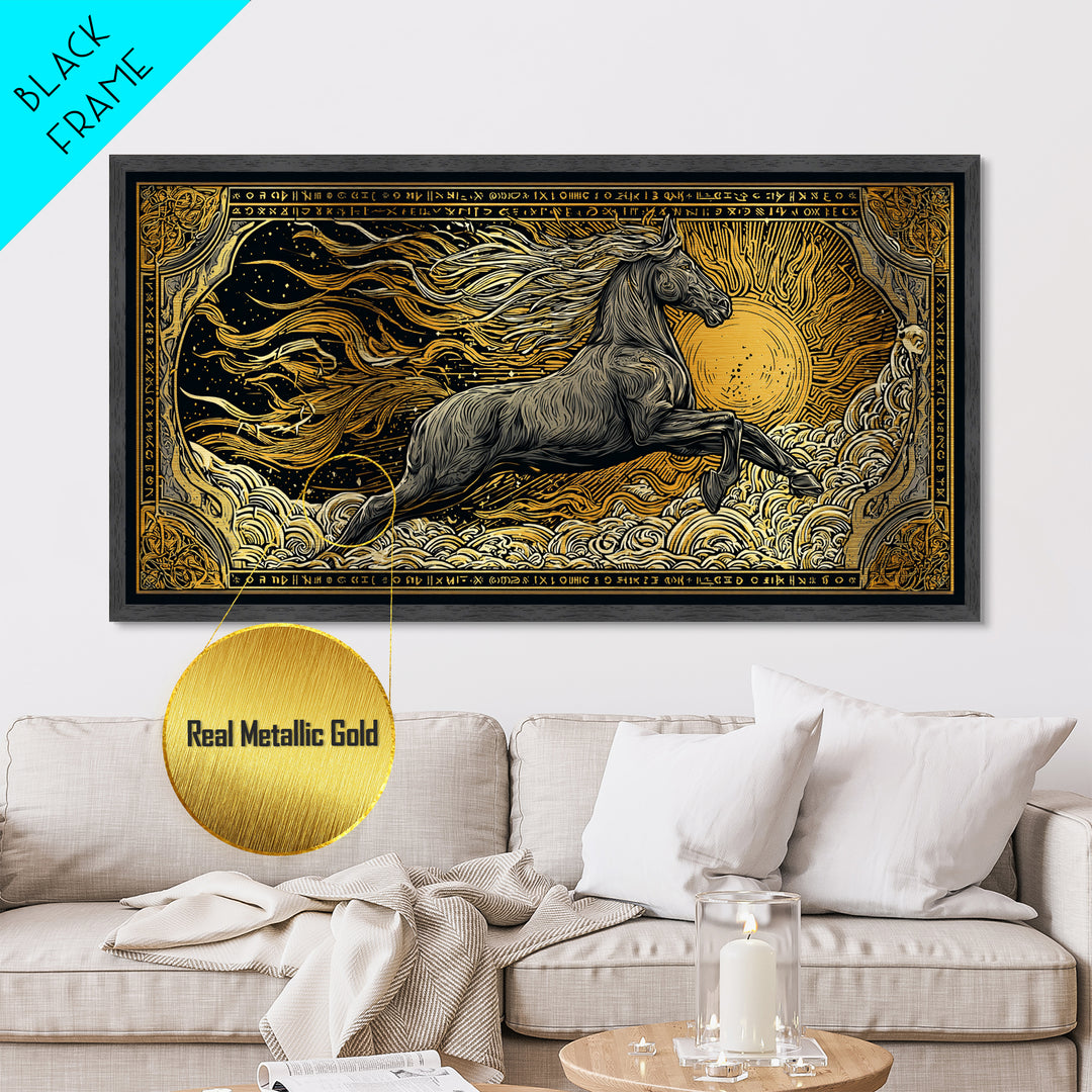 Mythical Sleipnir Metallic Gold Art Wall Decor, Odin’s Eight-Legged Horse Norse Metal Art with real wood frame, Viking Office Art