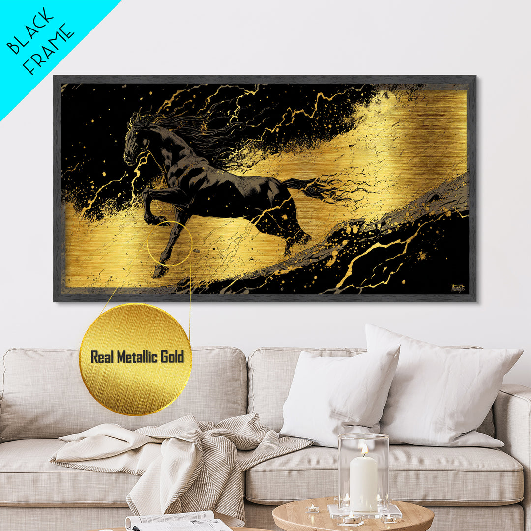 Nordic Sleipnir Horse Metal Art, Metallic Gold Art in Norse Mythology Style, Man Cave Wall Art for Men, framed in authentic wood