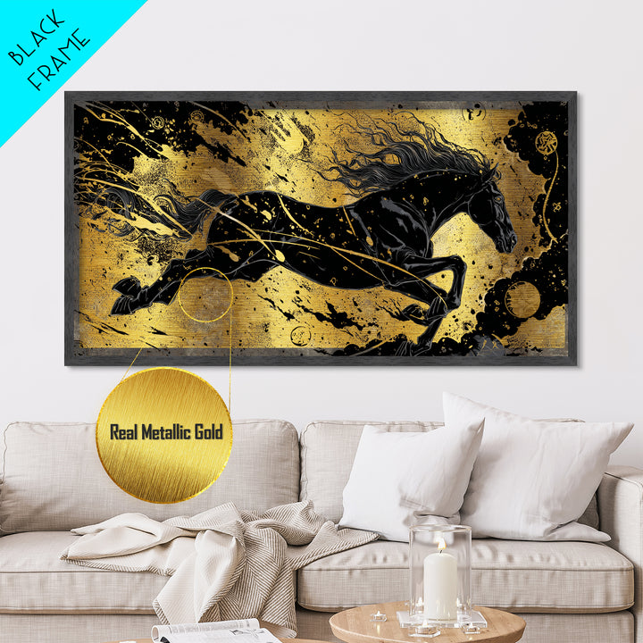 Sleipnir Norse Horse Metallic Gold Art, Nordic Mythology Metal Art for Man Cave or Office, framed in natural wood, unique Dad Gift