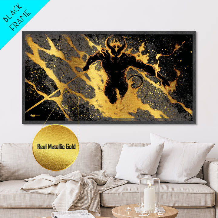 Mythical Surtur with Flaming Sword Metallic Gold Art, Viking Metal Art Norse Decor, Man Cave Office Art, framed in handcrafted wood
