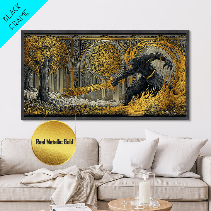 Surtur Norse Fire Giant Metal Art, Nordic Mythology Metallic Gold Art for Office Wall or Man Cave, framed in real wood, bold Dad Gift