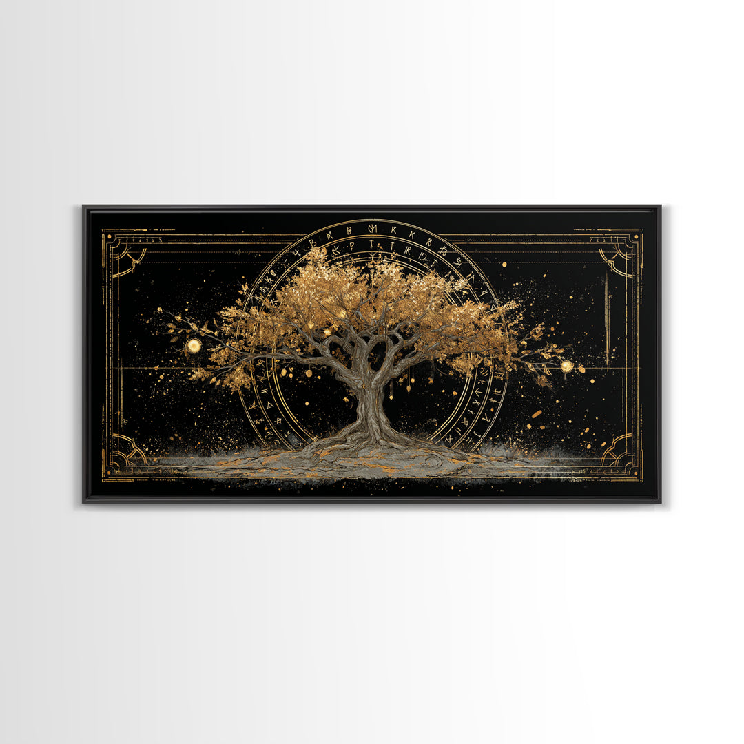 The World Tree Yggdrasil Canvas Gold Art, Norse Mythology Canvas Art for Office, Viking Man Cave Decor, framed in natural wood
