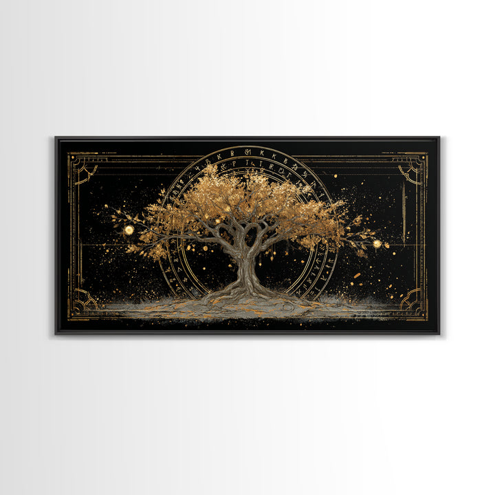 The World Tree Yggdrasil Canvas Gold Art, Norse Mythology Canvas Art for Office, Viking Man Cave Decor, framed in natural wood