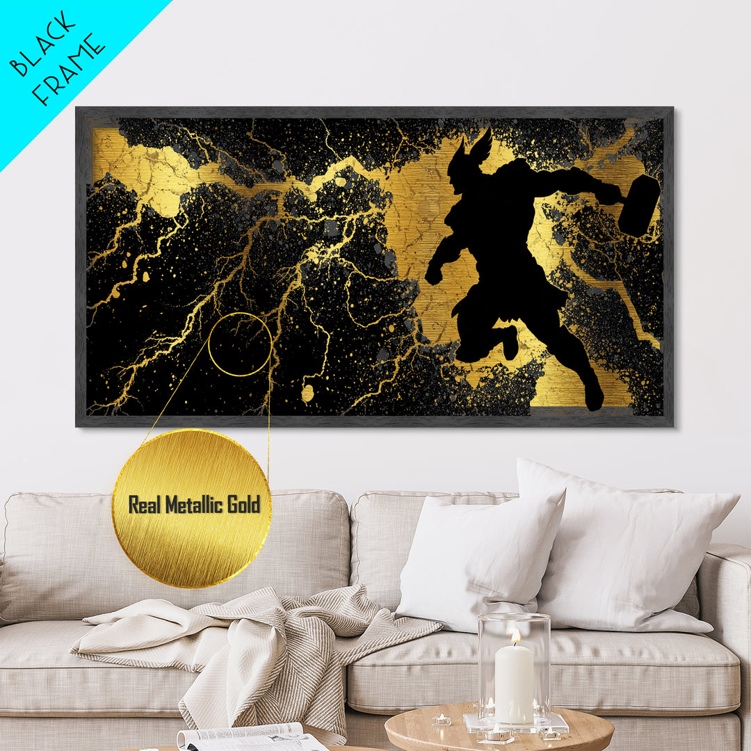Viking Thor with Mjolnir Metallic Gold Art, Norse Mythology Metal Art Wall Decor for Man Cave or Dad Gift, framed in solid wood