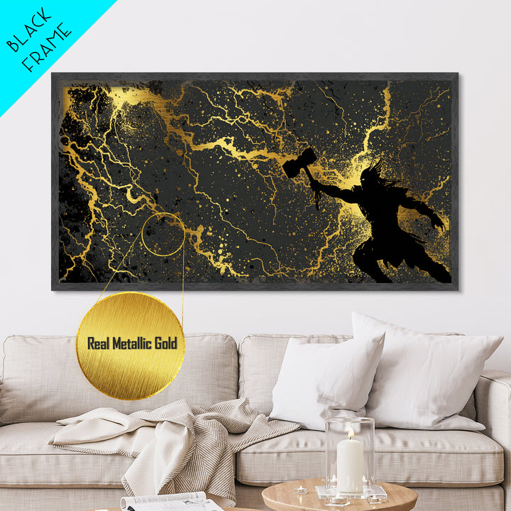 Thor God of Thunder Metal Art, Metallic Gold Art with Lightning, Norse Mythology Wall Decor, Office Art for Men, framed in real wood