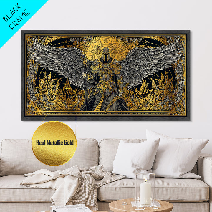 Winged Valkyrie Warrior Metal Art, Metallic Gold Art Norse Decor, Nordic Mythology Office Art for Men, framed with real wood detail