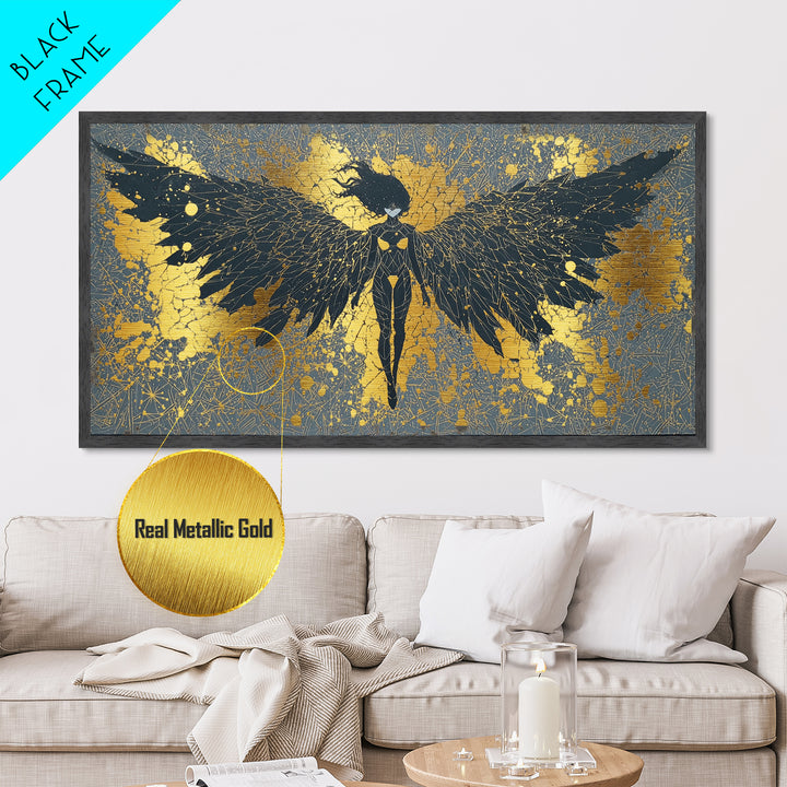 Metal Art Valkyrie Angel Metallic Gold Art, Norse Mythology Wall Hanging framed in Natural Wood, Dad Gift or Office Decor