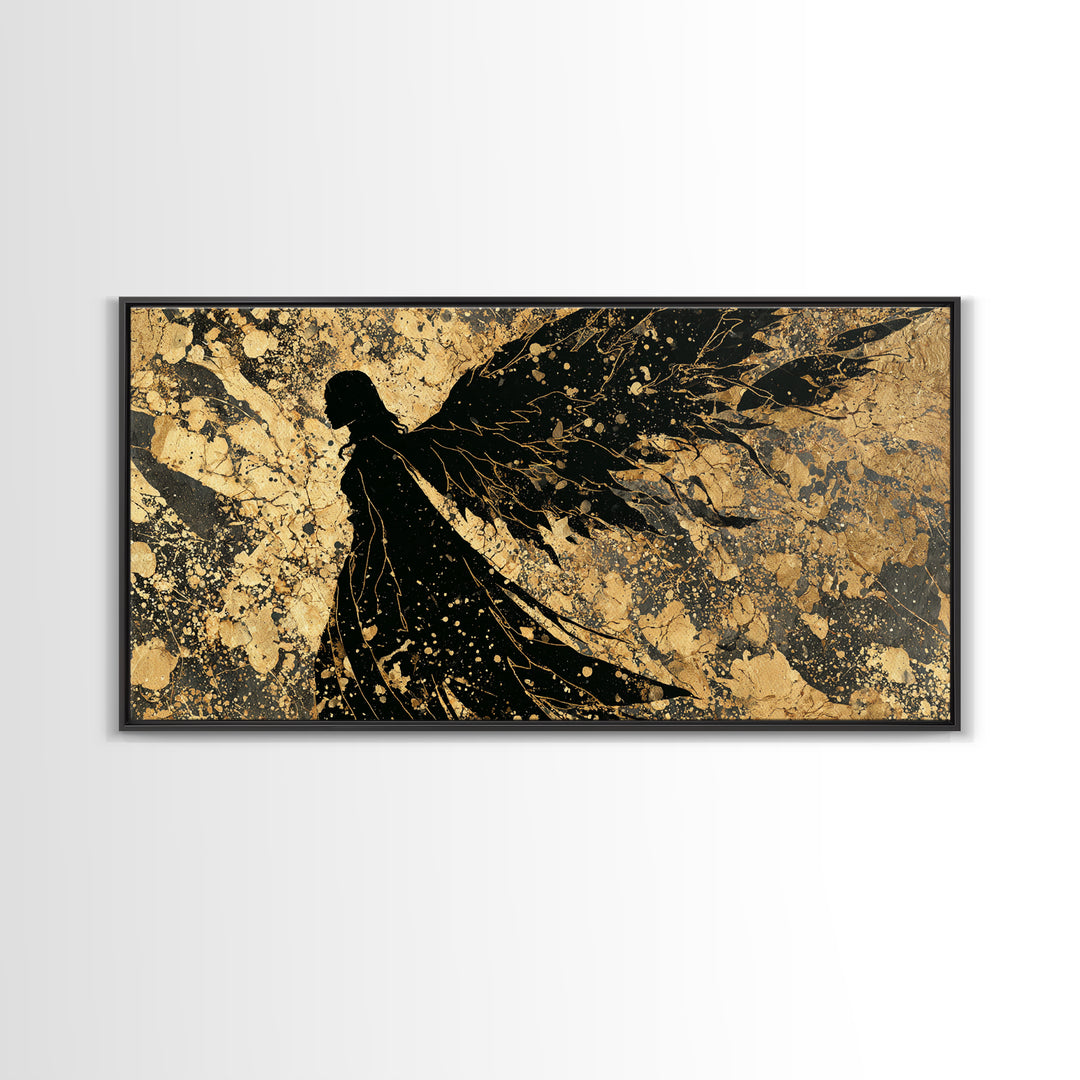 Valkyrie Canvas Gold Art, Norse Mythology Canvas Art Warrior Woman, Nordic Decor for Office or Man Cave, framed in natural wood