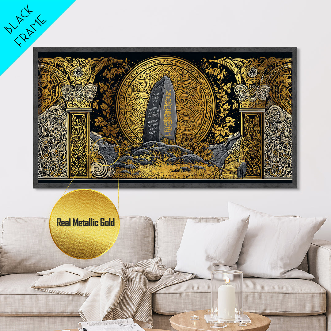 Viking Helmet Metallic Gold Art Metal Art, Norse Warrior Helmet Decor framed in Natural Wood, Nordic Office or Dad Gift Wall Art
