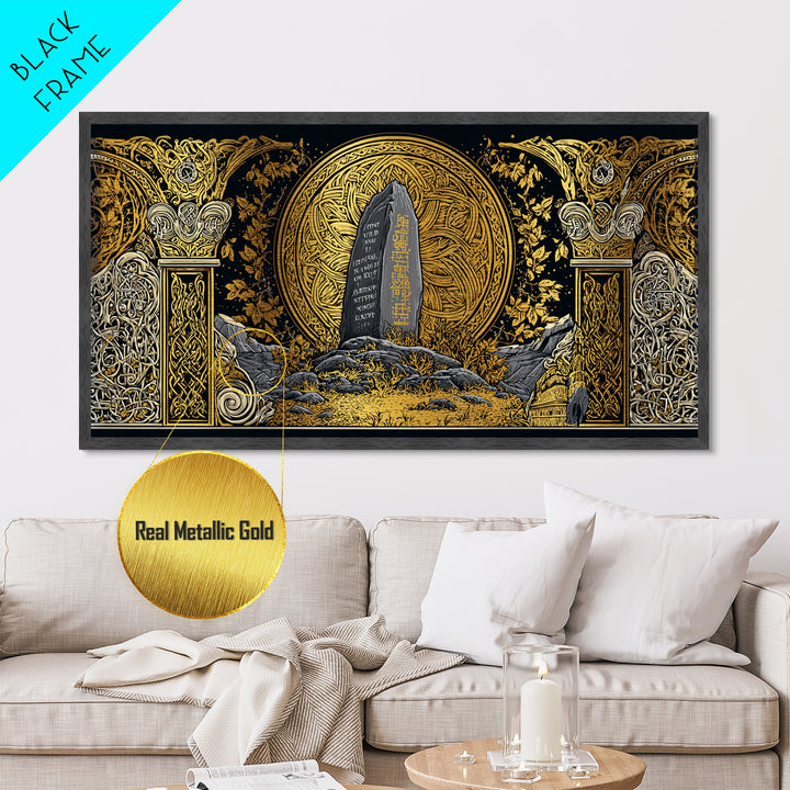 Viking Helmet Metallic Gold Art Metal Art, Norse Warrior Helmet Decor framed in Natural Wood, Nordic Office or Dad Gift Wall Art