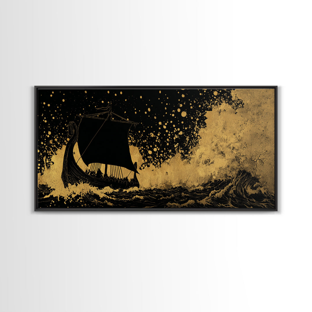 Canvas Art Viking Rune Stone Canvas Gold Art, Norse Mythology Wall Decor with Real Wood Frame, Man Cave Nordic Office Artwork