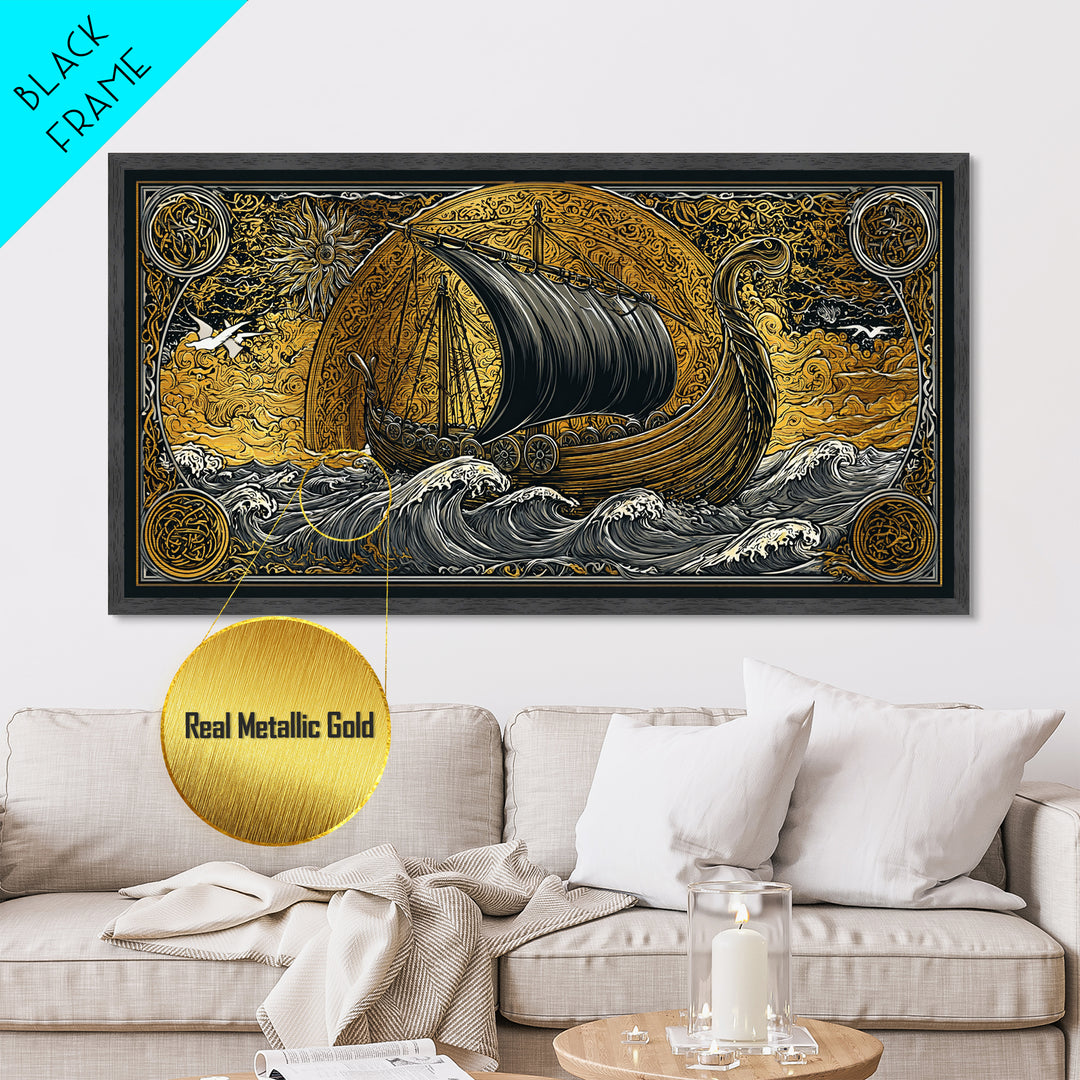 Viking Ship Metallic Gold Art Metal Art, Norse Longboat Sailing Wall Decor with Real Wood Frame, Nordic Mythology Office Artwork