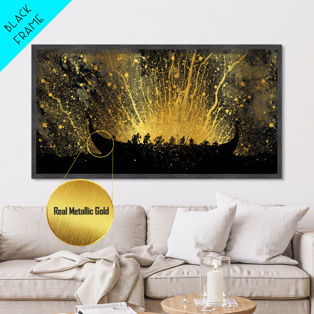 Metal Art Viking Longship Metallic Gold Art, Nordic Seafaring Norse Decor in Real Wood Frame, Man Cave or Office Wall Hanging