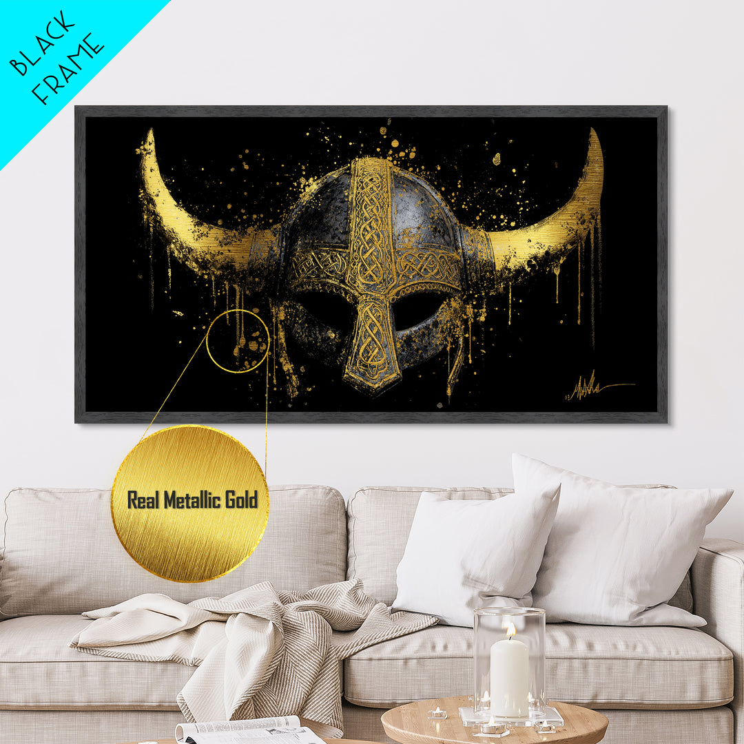 Nordic Valkyrie Metallic Gold Art Metal Art, Norse Goddess Warrior Silhouette with Wings, Man Cave Wall Art in Real Wood Frame