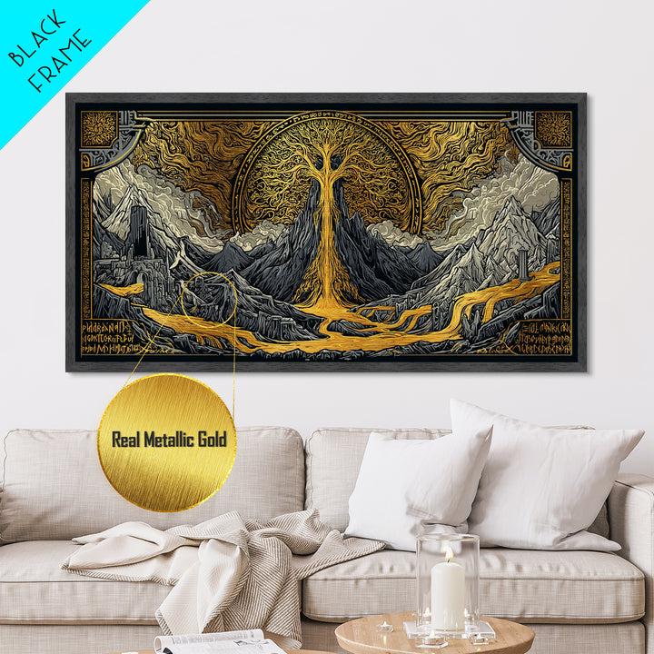 Yggdrasil Metallic Gold Art Metal Art, Norse World Tree of Life Wall Decor framed in Natural Wood, Nordic Mythology Office Artwork