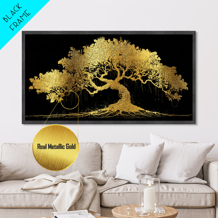 Metal Art Yggdrasil Metallic Gold Art, Norse Tree of Life Wall Hanging with Real Wood Frame, Nordic Mythology Man Cave or Dad Gift