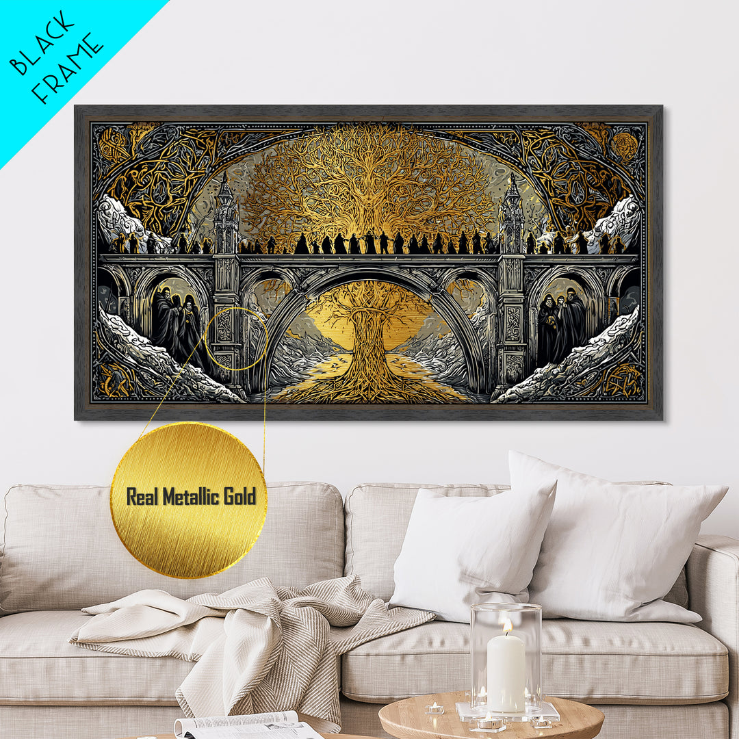 Yggdrasil Bridge Nordic Mythology Wall Decor | Metallic Gold Art Metal Art | Norse Gods Fantasy Scene framed in real wood