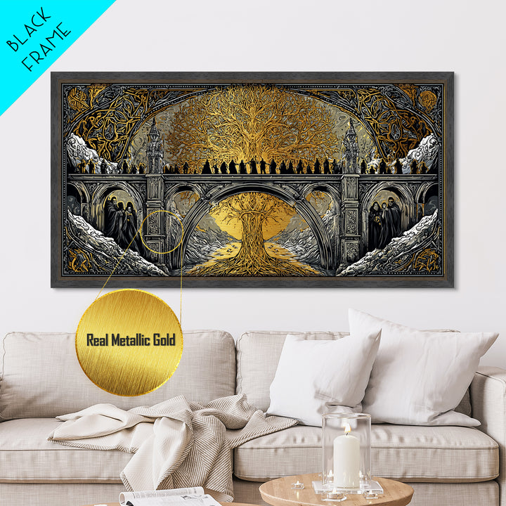 Yggdrasil Bridge Nordic Mythology Wall Decor | Metallic Gold Art Metal Art | Norse Gods Fantasy Scene framed in real wood