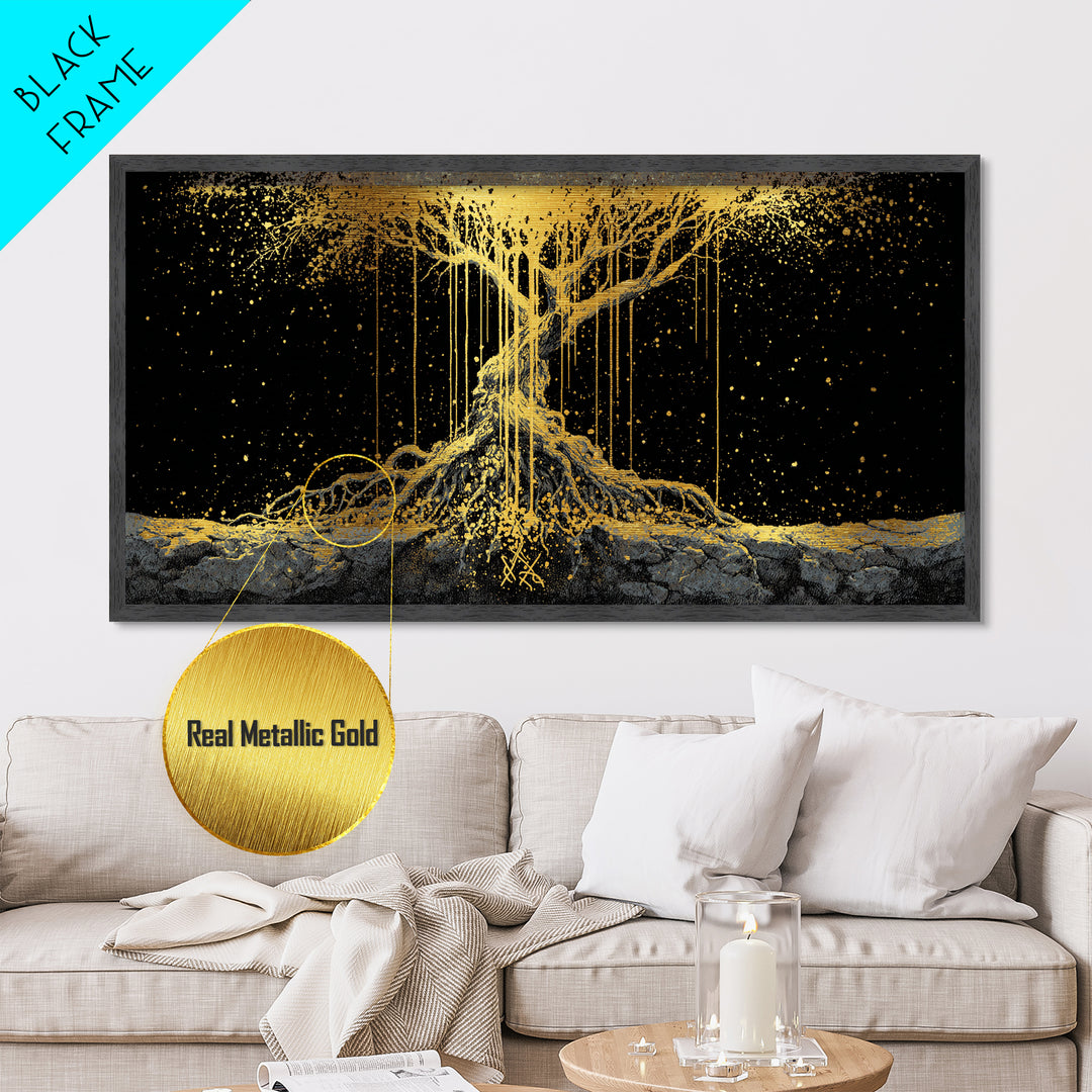Norse Yggdrasil Tree of Life Metallic Gold Art Metal Art | Nordic Mythology Office Wall Decor Man Cave Gift in natural wood frame