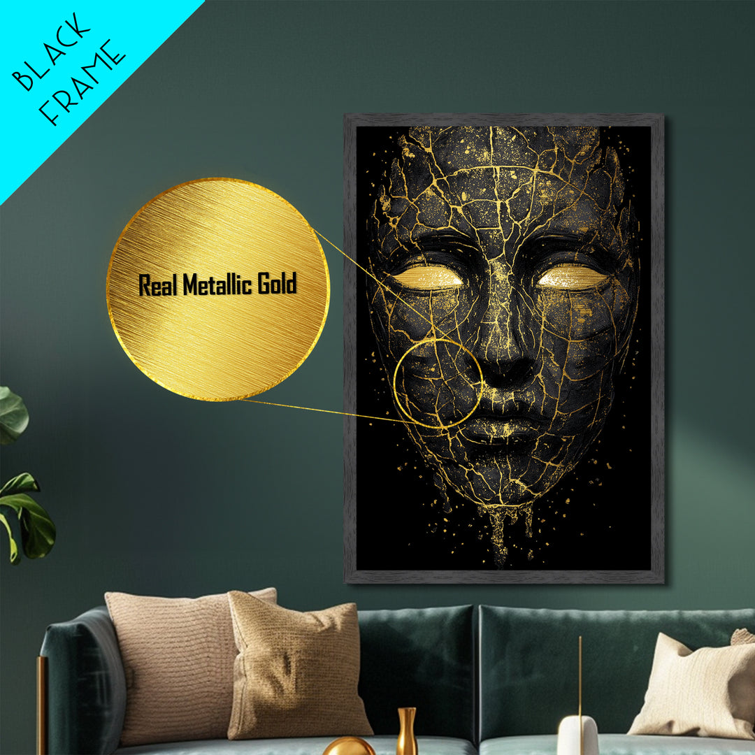 Cracked Mask Metallic Gold Art Metal Art | Norse Mythology Symbolic Face Wall Decor | Viking Pagan Office or Man Cave Art Framed in Wood