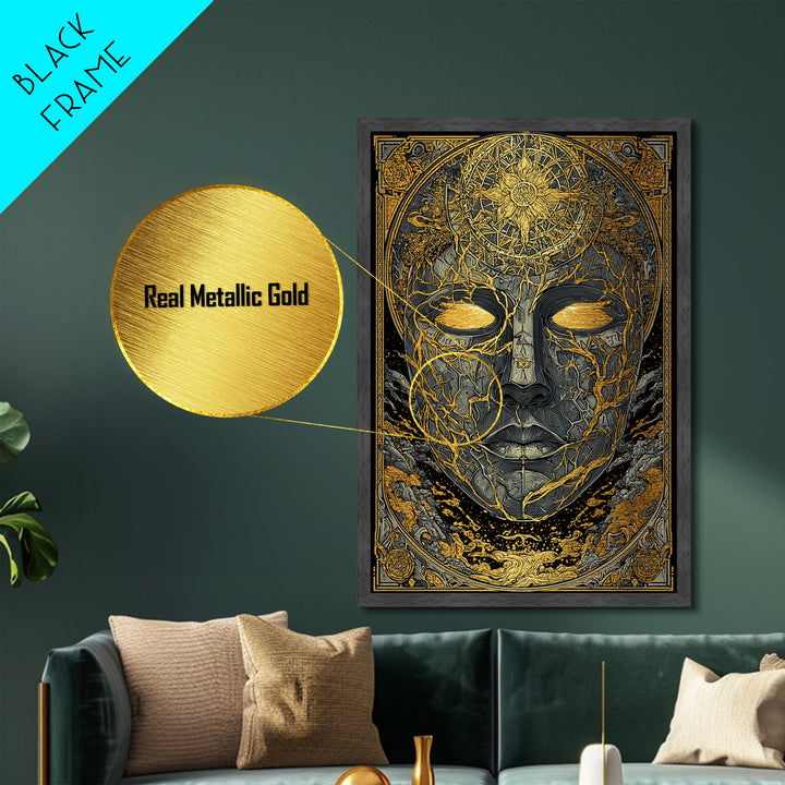 Norse Mythology Mask Wall Decor Metallic Gold Art Metal Art for Man Cave or Office, framed in natural real wood